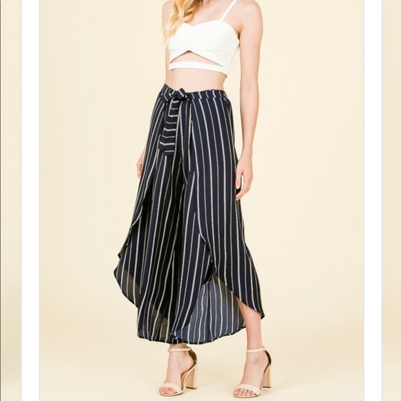 STRIPE PRINT WRAPPED PALAZZO PANTS RIBBON TIE WAIS - Picture 3 of 7